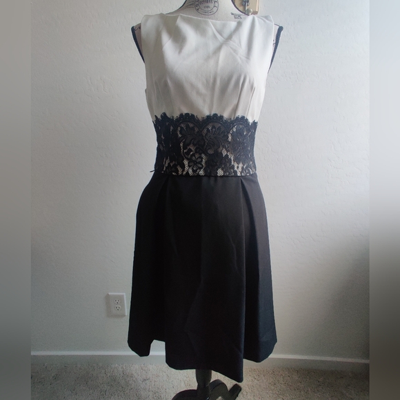 Single Los Angeles White & Black colorblock midi Dress lace waistline Office_4 - Picture 1 of 8